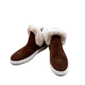 J/SLIDES NYC Booties Womens Size 7.5 Brown Suede Faux Fur Lined Ankle Boots